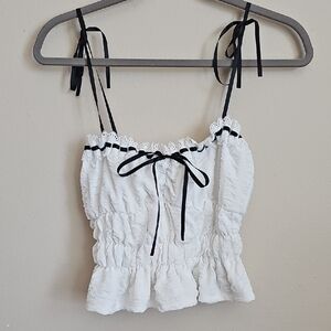 Forever 21 White and Black Smocked Tie Front Camisole